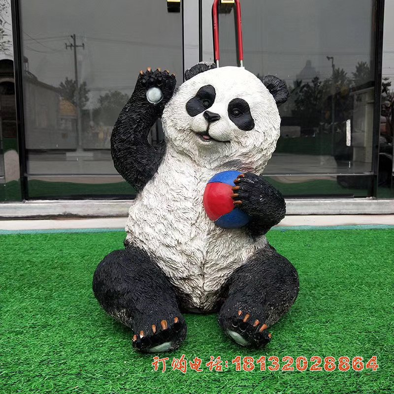 玻璃钢玩球熊猫雕塑